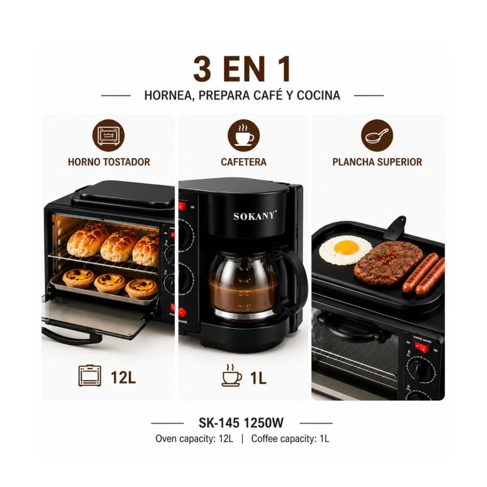 🍳 HORNO ELÉCTRICO 3 EN 1 CON CAFETERA Y PARRILLA
