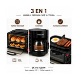 🍳 HORNO ELÉCTRICO 3 EN 1 CON CAFETERA Y PARRILLA