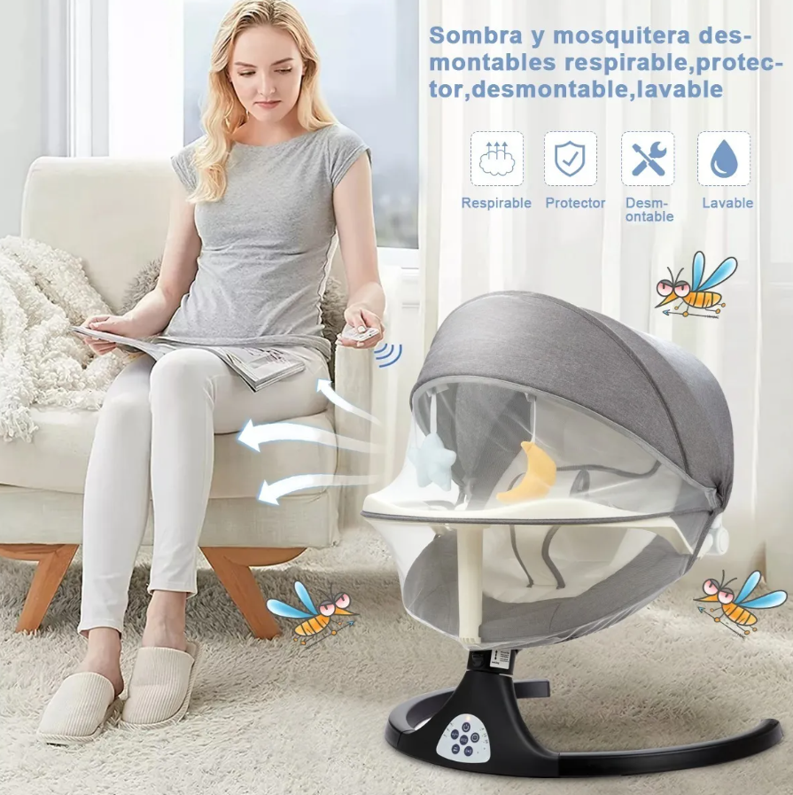 SILLA MECEDORA ELECTRICA BEBE CON COMEDOR Y MOSQUITERO