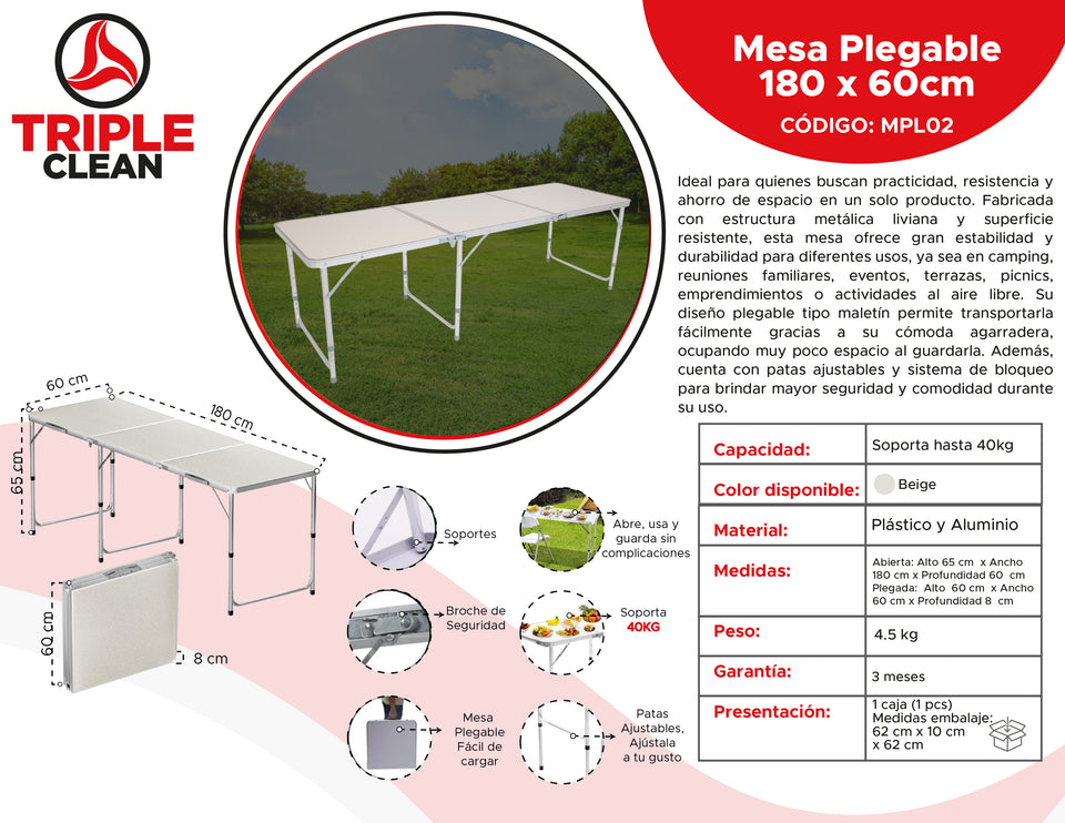 Mesa Plegable Portátil 180 x 60 cm