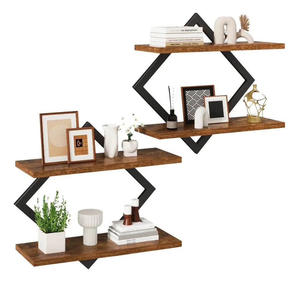 🏡 REPISA FLOTANTE HEXAGONAL DE MADERA SET X2