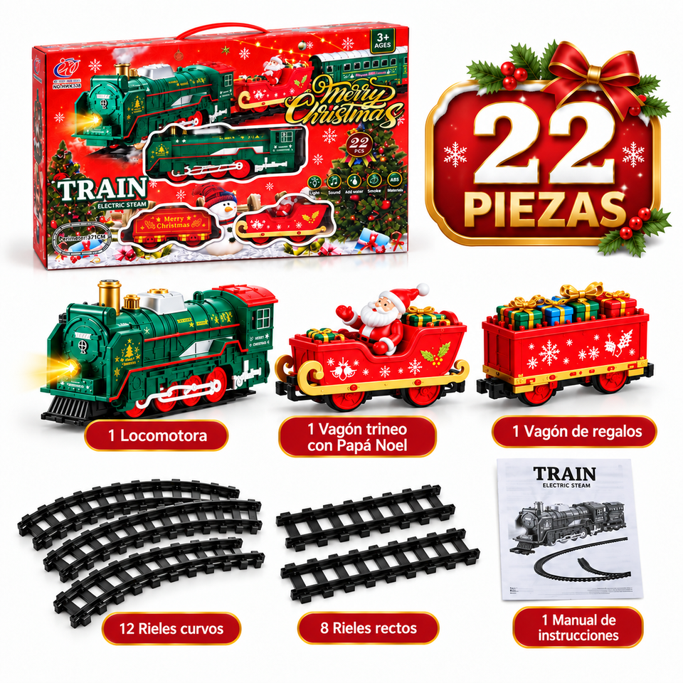 🚂🎄 TREN NAVIDEÑO ELÉCTRICO A VAPOR DE 22 PIEZAS *